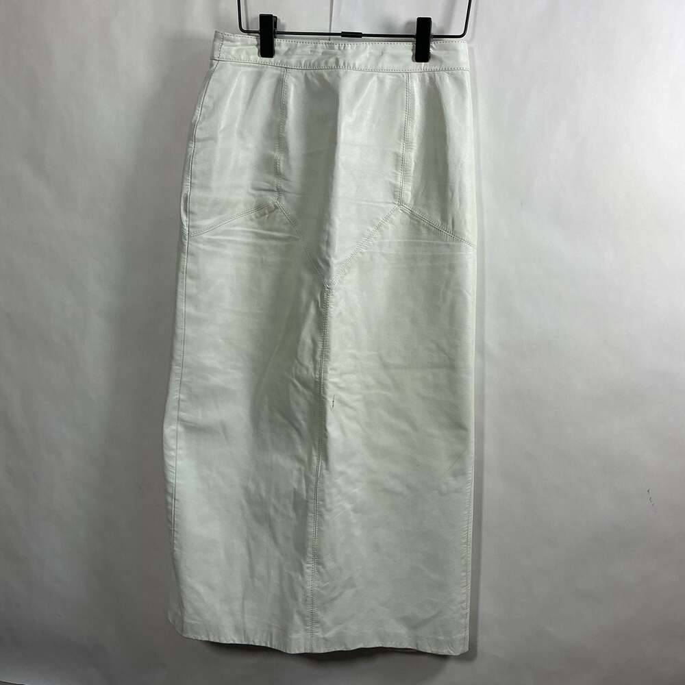 VTG 80s G – III white leather maxi skirt high waisted western yolk snap Front ex